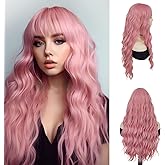 GNIMEGIL 28 inches Long Pink Wigs Cosplay Curly Wig with Bangs Realistic Wig Soft Hair Synthetic Fiber Long Wavy Wigs Halloween Costume