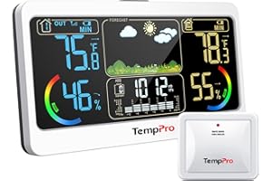 TempPro B68B Weather Station Indoor Outdoor Thermometer 500ft Wireless Home Weather Station with Digital Temperature Humidity Meter for Weather Forcast, White