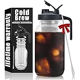 Cold Brew Mason Coffee Maker - 64oz Iced Coffee Pitcher with Stainless Steel Mixing Spoon & Super Dense Filter 3 Steps Finish Cold Brew Coffee, Classic BPA Free Sturdy Mason jar Pitcher Easy to Clean