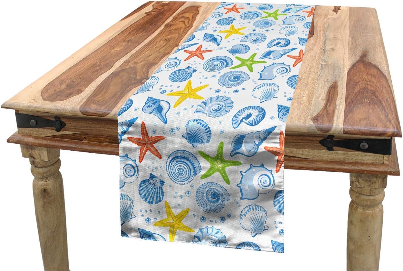 SHANNON Throw Sea Shells Table Runner, Starfishes Aqua Marine Inspirations Aquarium Oyster Nautical Wildlife Underwater,Dining Room Kitchen Rectangular Runner,14" x 72", Multicolor