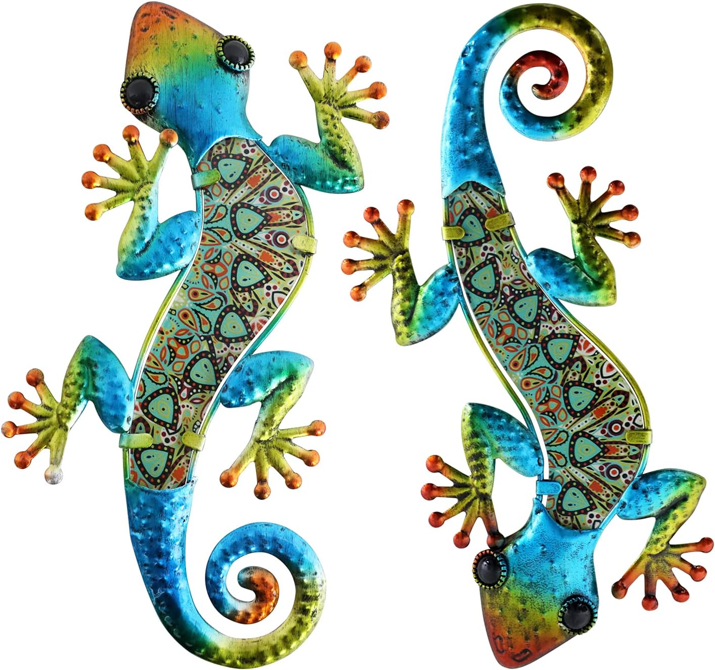 Plaques & Wall Art - HONGLAND 2Pcs Metal Gecko Wall Decor Lizard Garden Art Color Hanging Glass Sculpture for Indoor Outdoor Patio Fence (Symphony)