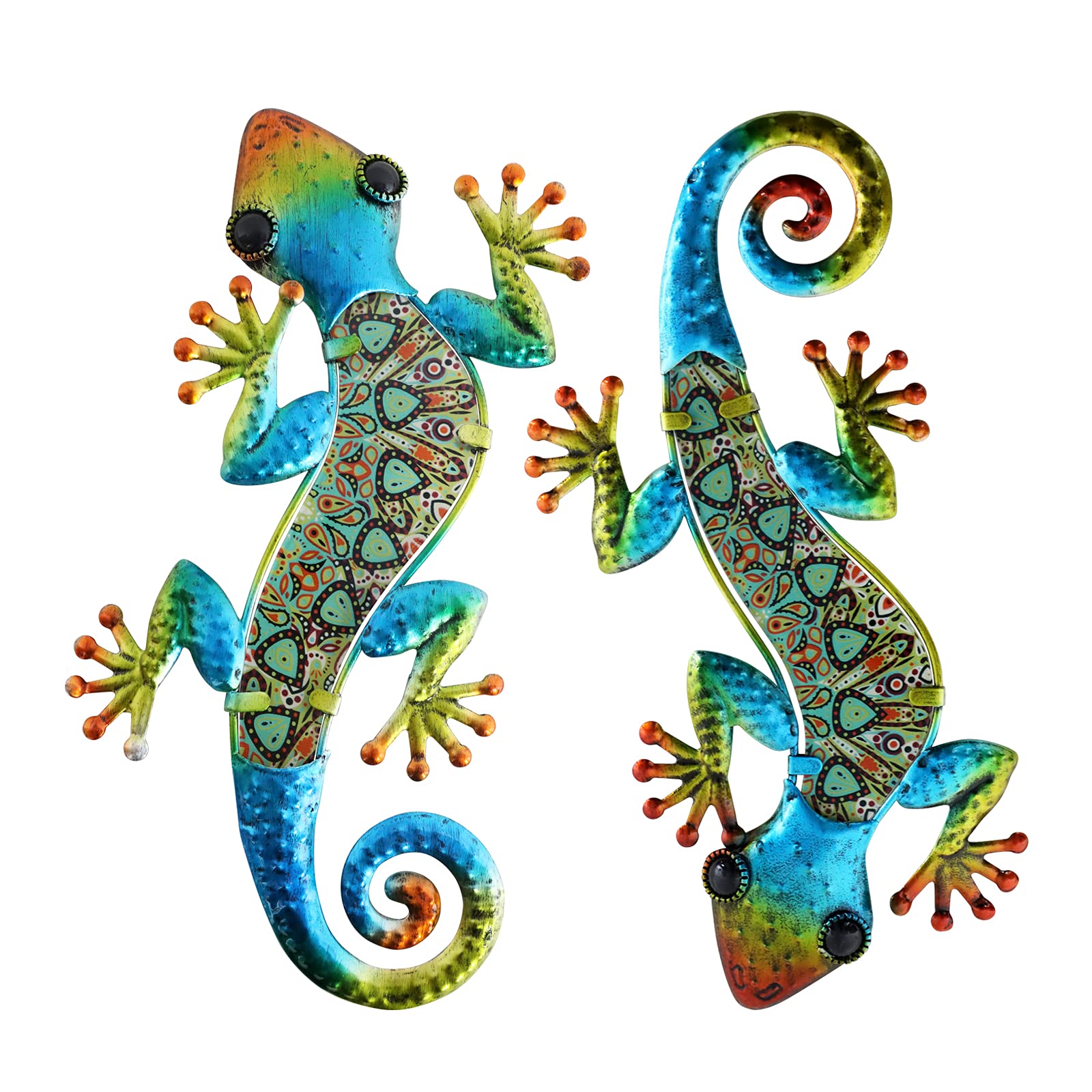 HONGLAND Garden Ornaments Outdoor 2Pcs Metal Gecko Wall Decor Lizard Garden Art Color Hanging Glass Sculpture for Indoor Outdoor Patio Fence (Green)