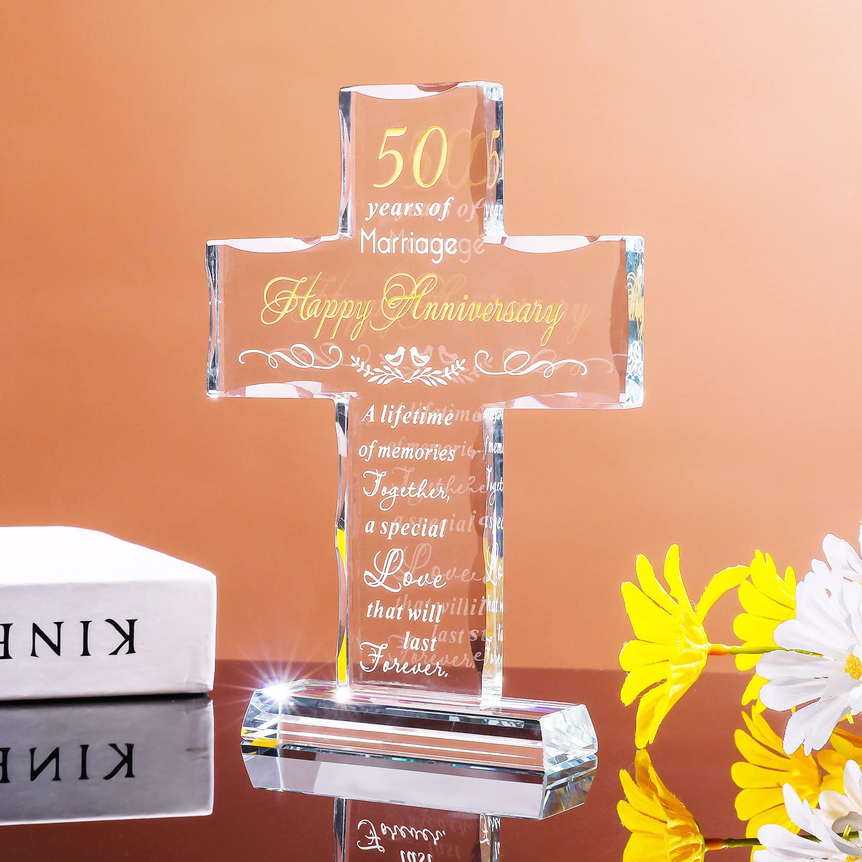 Movdyka 50th Golden Wedding Anniversary Plaques Religious Gifts for Parents, Crystal Cross Keepsake for 50 Years of Marriage Presents for Women