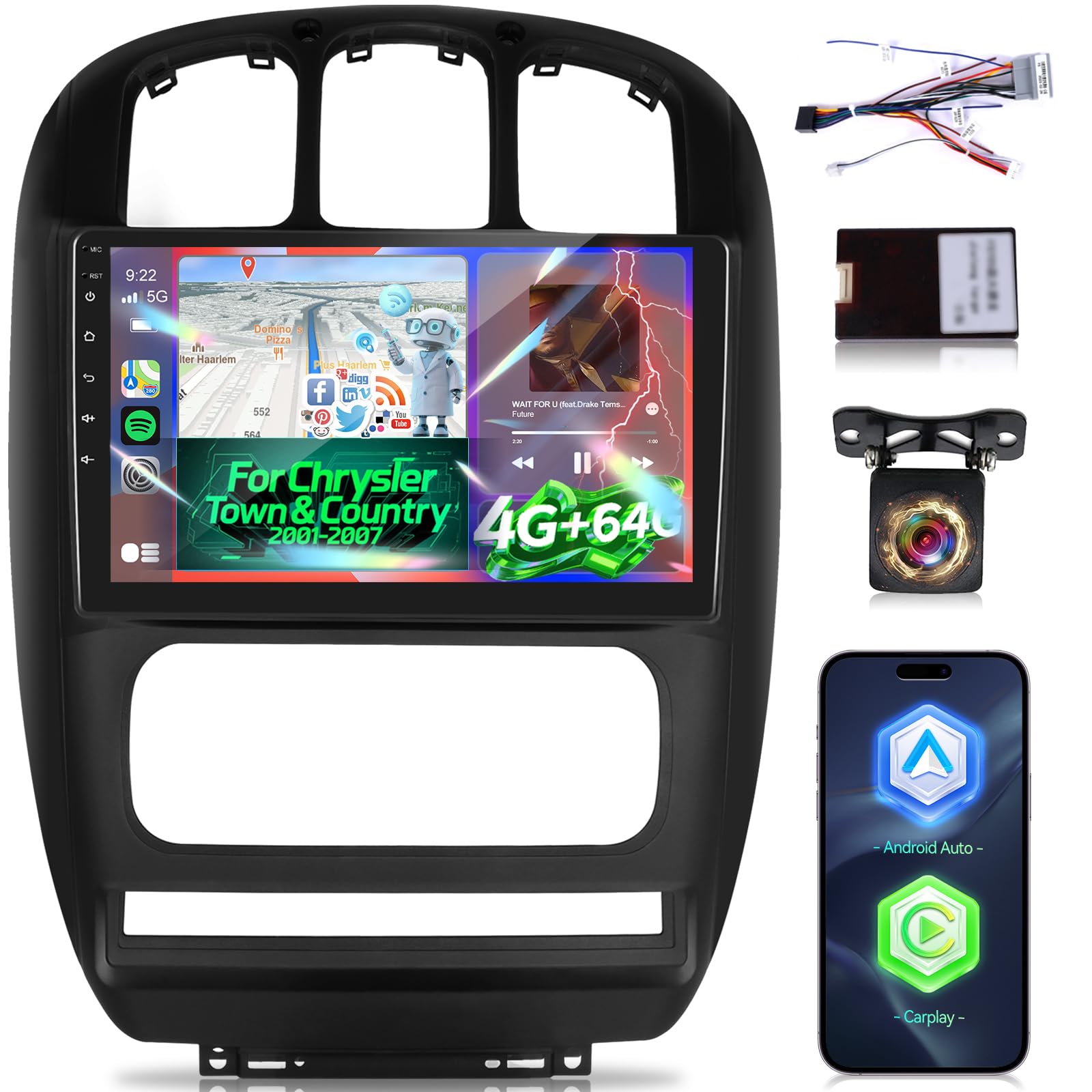 Photo 1 of [4+64G] Upgrade Radio for Chrysler Town & Country 2001-2007: NHOPEEW 10.1 inch IPS Touchscreen Android Radio - Wireless Carplay and Android Auto, Custom Homepage, DSP/EQ, 5G/WiFi + Backup Camera