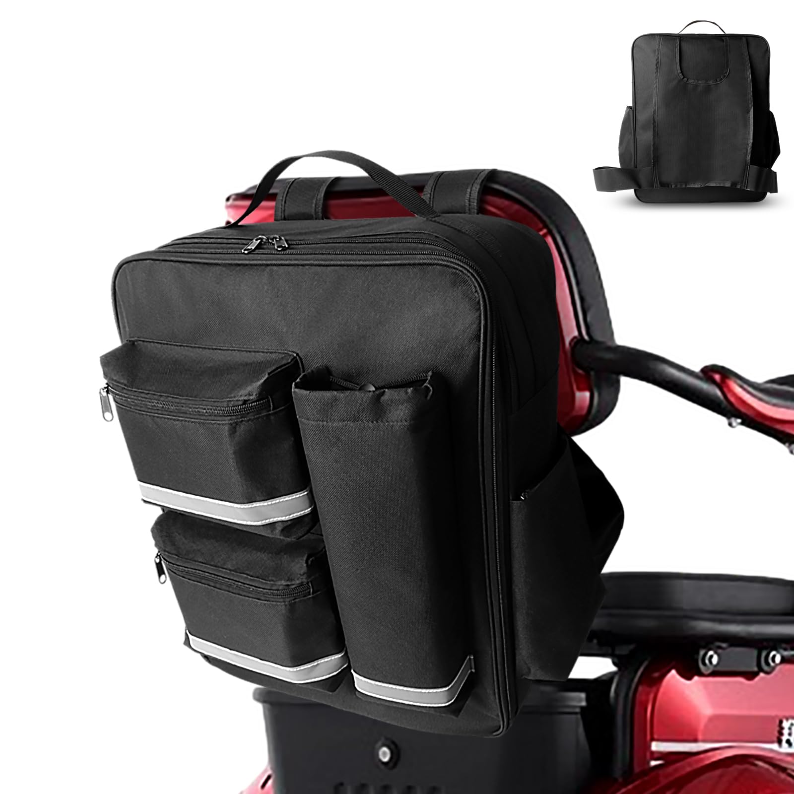 Exsivemy Mobility Scooter Bag XL Big Capacity Water Proof/Mobility Scooter Accessories Storage/Electric Tricycle Expandable Package With Reflective Strips, Umbrella and Crutch Pocket(Black)