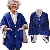 Fanfanwin Double Layer Poncho Blanket Sherpa Shawl with Pockets Fleece No Sleeves Bed Jackets for Elderly Women Grandma Gifts(Blue)