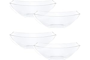 PLASTICPRO Disposable 32 ounce Square Serving Bowls, Party Snack or Salad Bowl, Medium, Plastic Crystal Clear Pack of 4