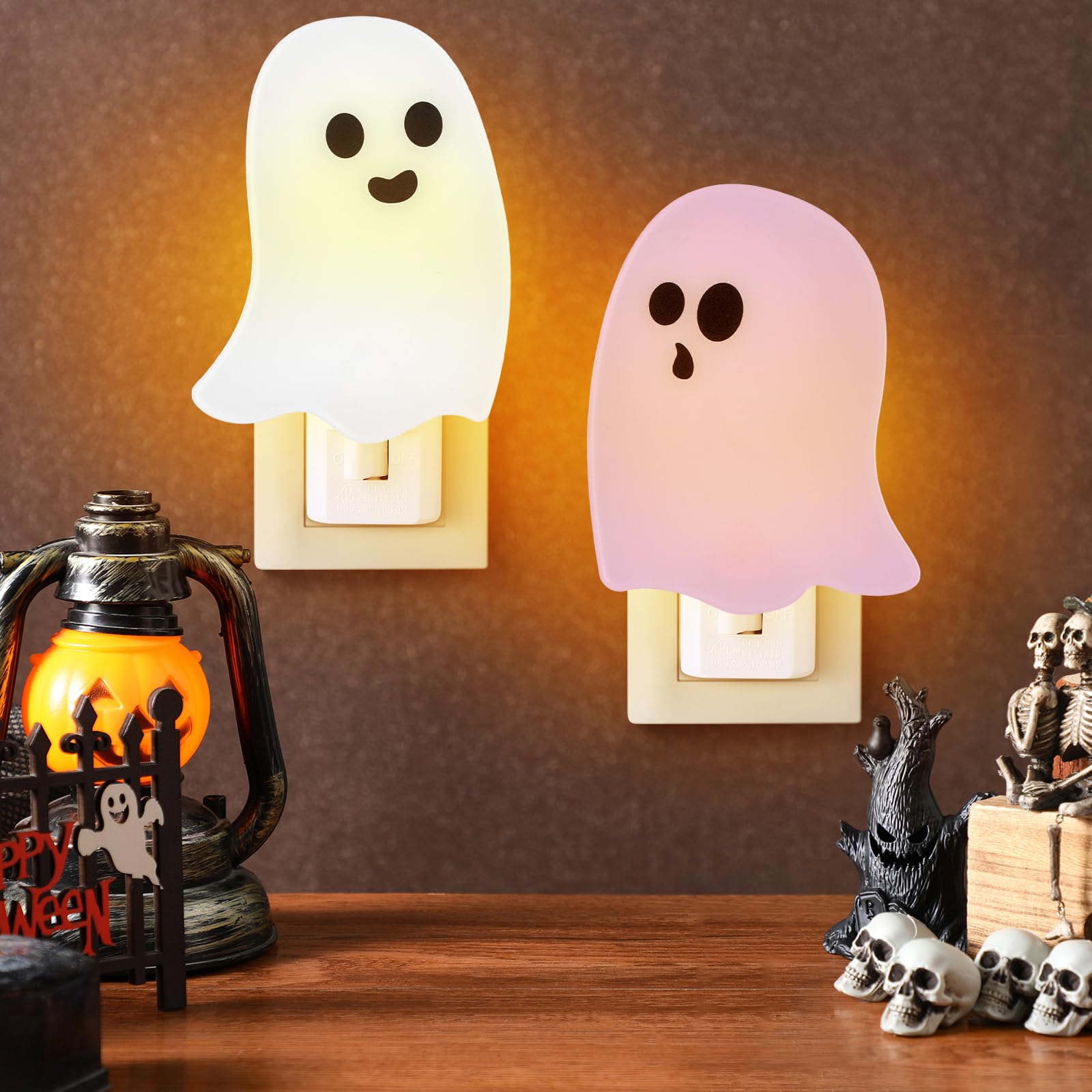 Photo 1 of Grinsvalley 2 Pack Halloween Ghosts Night Light Plug into Wall Cute White Pink Ghosts Decorative Lamp Gifts LED Illumination for Halloween Home Hallway Stairway Kitchen Corridor Decor