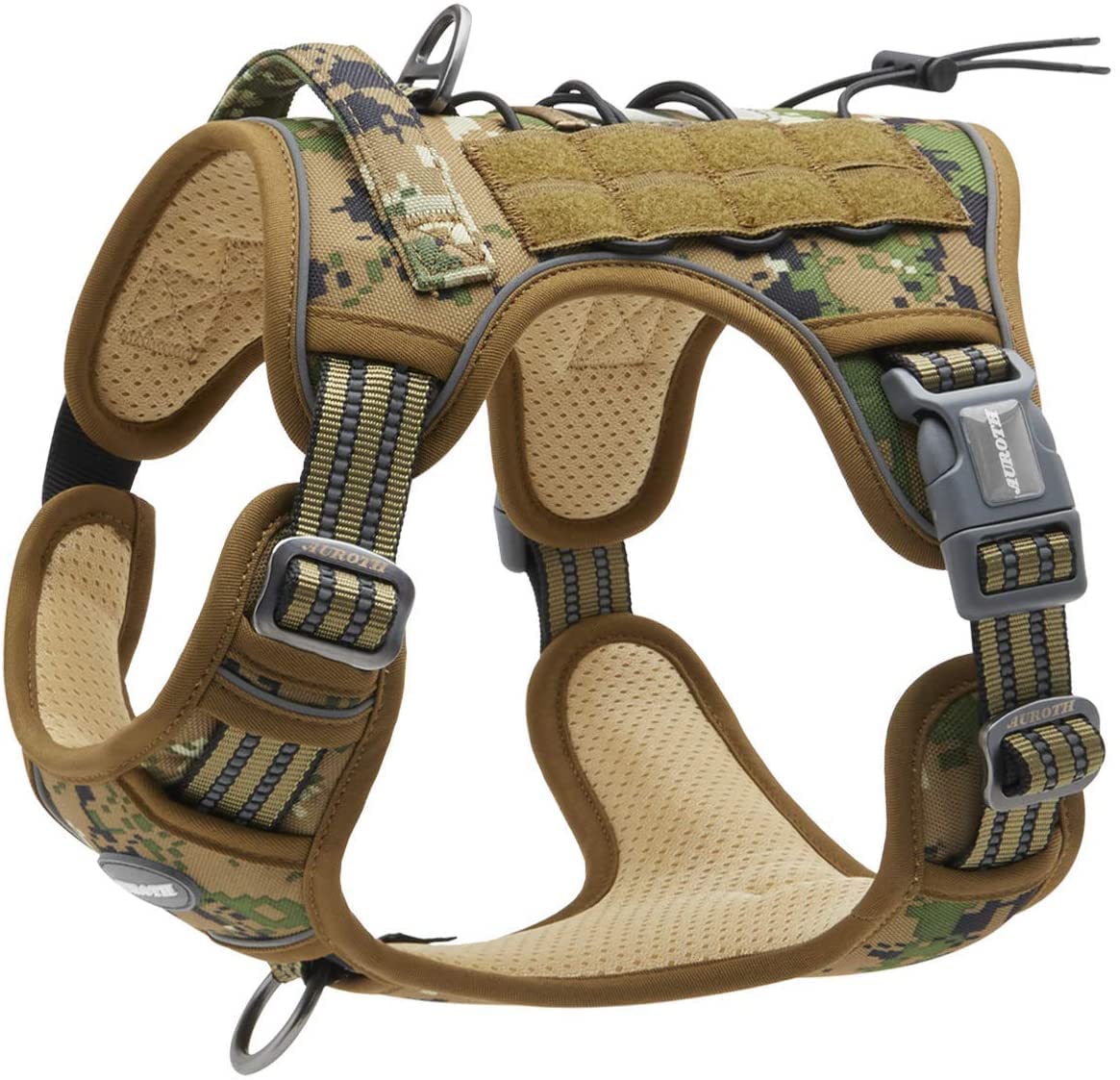 Auroth Tactical Anti Pull Dog Harness Adjustable Breathable Pet Vest Harness for Medium Large Dog Reflective Dog Harness Military Materials Size M, Woodland Camouflage