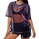 Kyerivs Metallic Mesh Top Plus Size Short Sleeve Sheer Tops Shirt Blouse Concert Tops Rave Outfit for Women