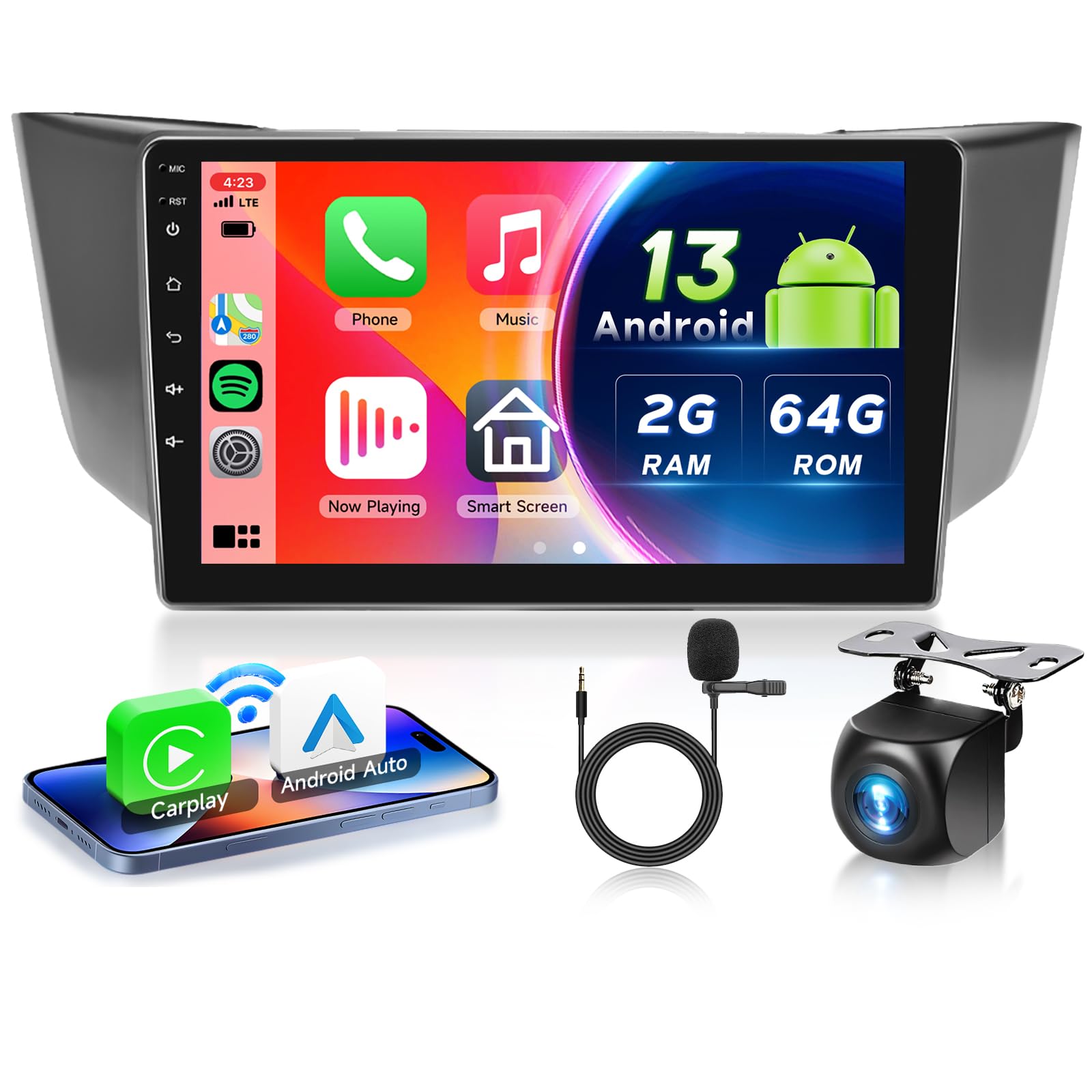 Photo 1 of 2G+64G Android 13 Car Stereo for Lexus RX300 RX330 RX350 RX400H 2004-2009 with Wireless Carplay Android Auto, 9 Inch Touch Screen Radio Support GPS/WiFi/Bluetooth/FM/SWC/Backup Camera