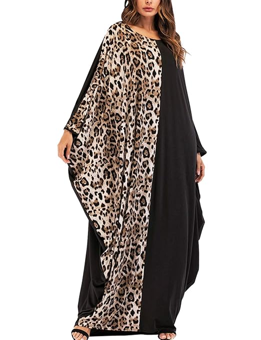 Kaftan Dress black and leopard line Batwing sleeve, round collar, full length, loose-fitting with leopard print design