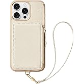 ZVE Compatible with iPhone 16 Pro Max Wallet Case, Zipper Leather Card Holder with RFID Blocking with Wrist Strap for Women for iPhone 16 Pro Max, 6.9"-Beige