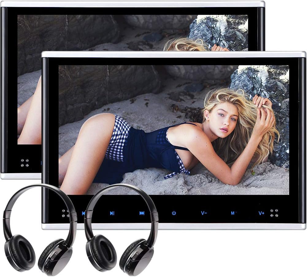 AUTOWINGS Dual Car Headrest DVD Player Video Monitor with USB SD Games 2 IR Headphones Vehicle SUV MPV Backseat Mount Entertainment for Kids 10.1 inch Portable Universal (Non-Touchscreen)