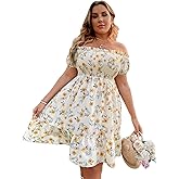 Floerns Women's Plus Size Ruffle Off Shoulder Floral Print Short Summer Dress