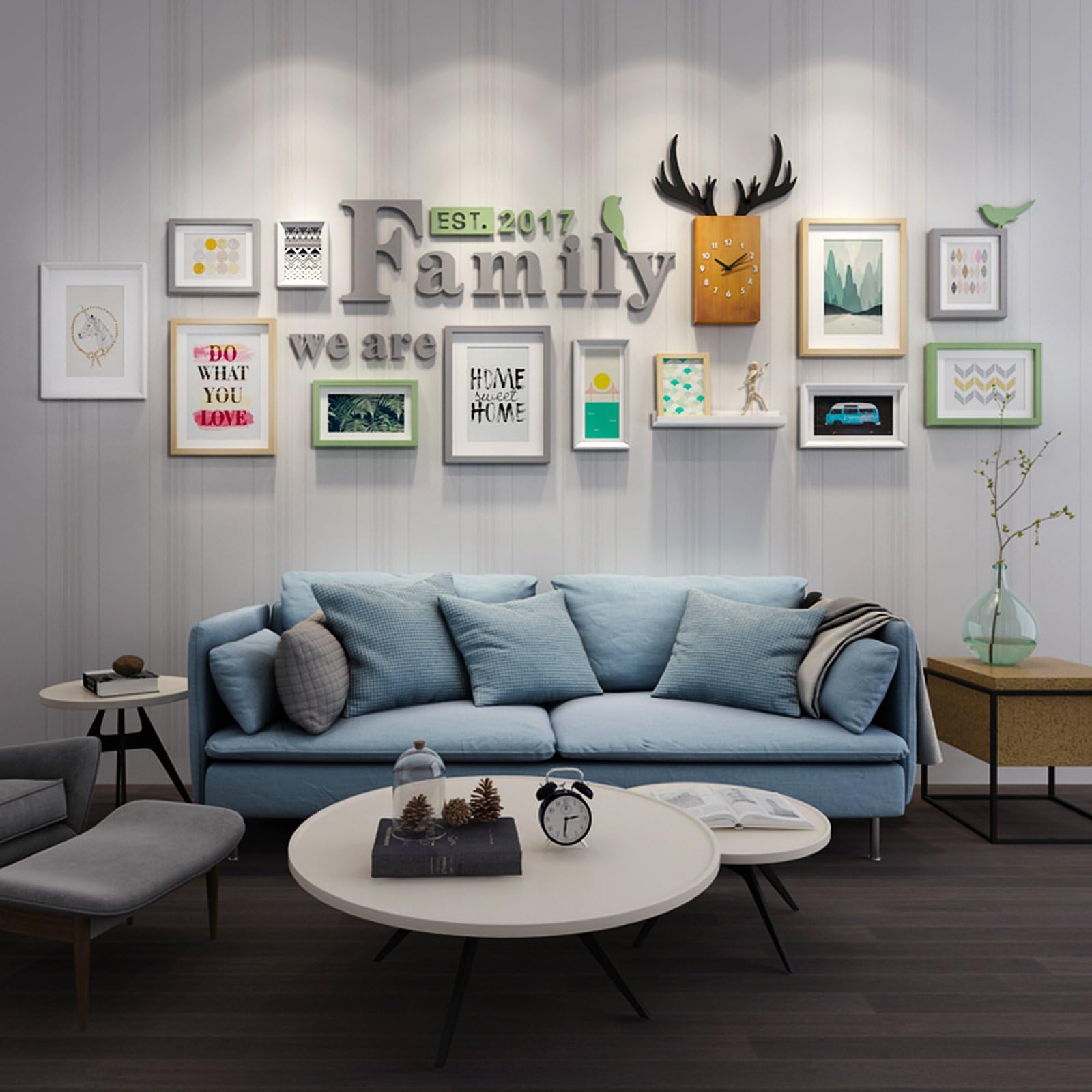 WollWoll Decorative Deer Head Wooden Clock Family Letters Combination Home Synthetic Wood Photo Frame (318 cm x 1.6 cm x 100 cm, Set of 15)