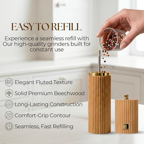 WOODEN SALT AND PEPPER GRINDER SET – REFILLABLE BEECHWOOD SALT & PEPPER MILLS WITH GOLD ACCENTS, ADJUSTABLE CERAMIC MILL, MATCHING WOOD STAND – PREMIUM KITCHEN GIFT SET