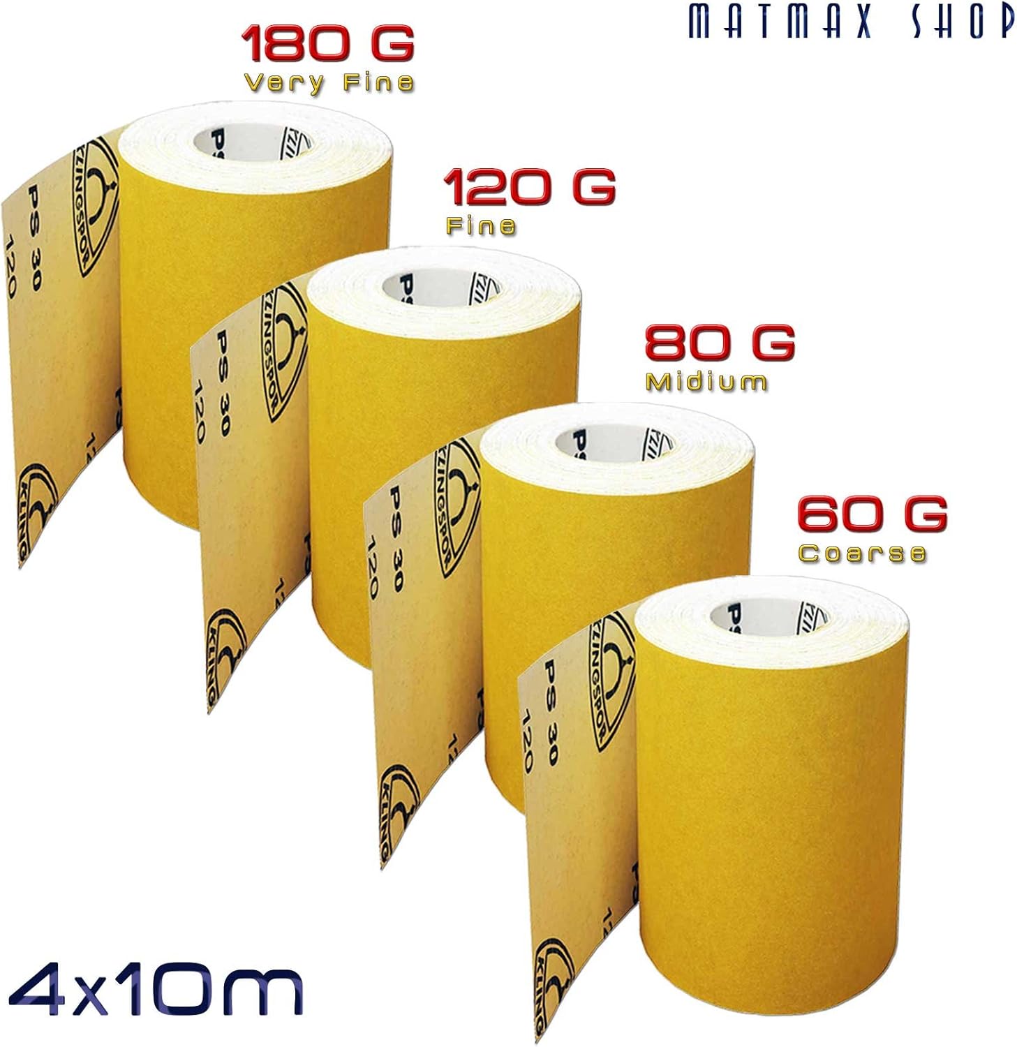 4 Roll x 10m (each) P60 (Coarse) + P80 (Medium) + P120 (Fine) + P180