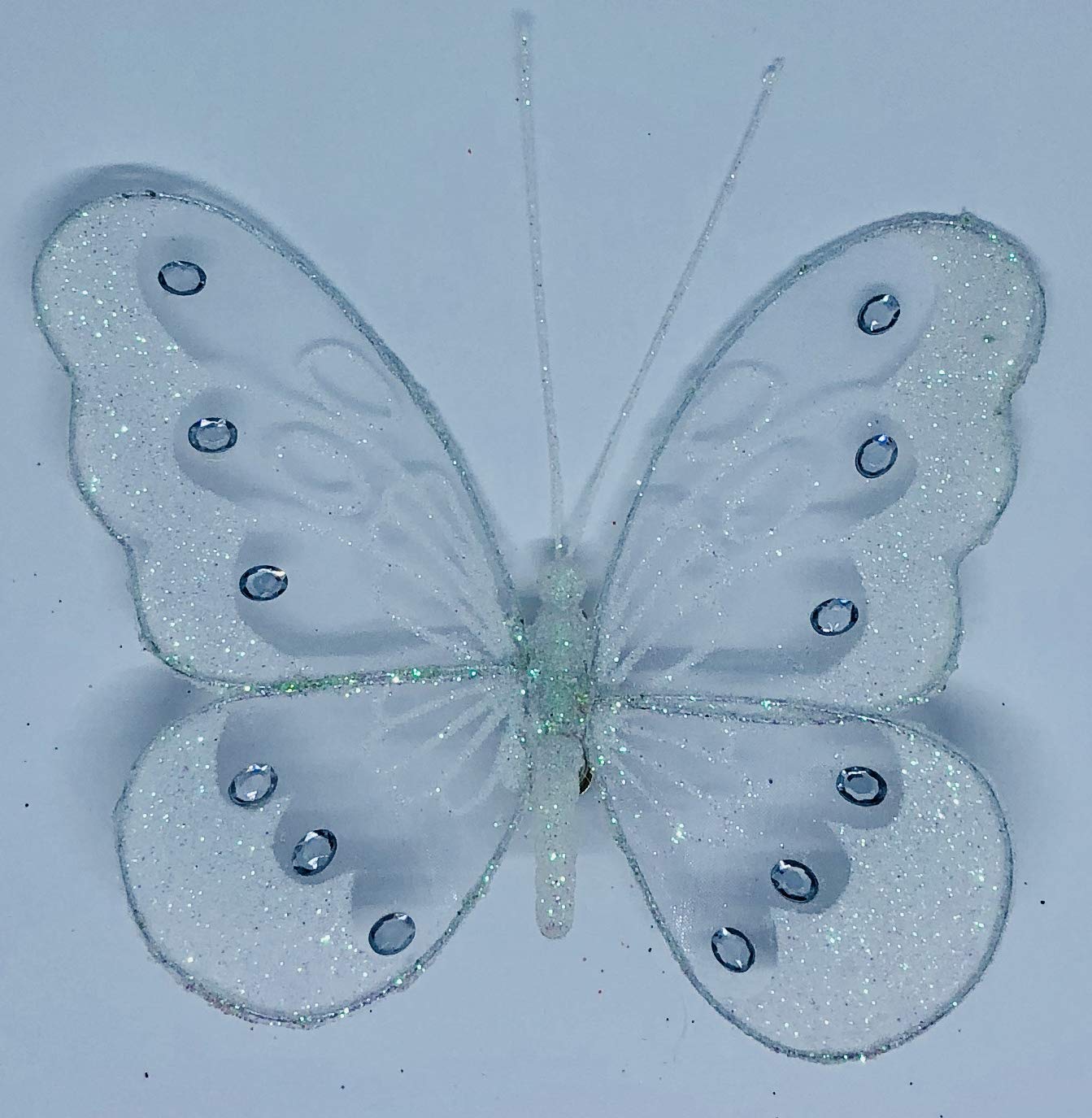 Large 18cm White Clip On Diamante Glitter Mesh Jewelled Butterfly