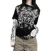 Foidiccx Long Sleeve Grunge T Shirts Y2k Gothic Graphic Print Oversized Tops Women Teen Girls Emo Goth Baggy Tees Streetwear
