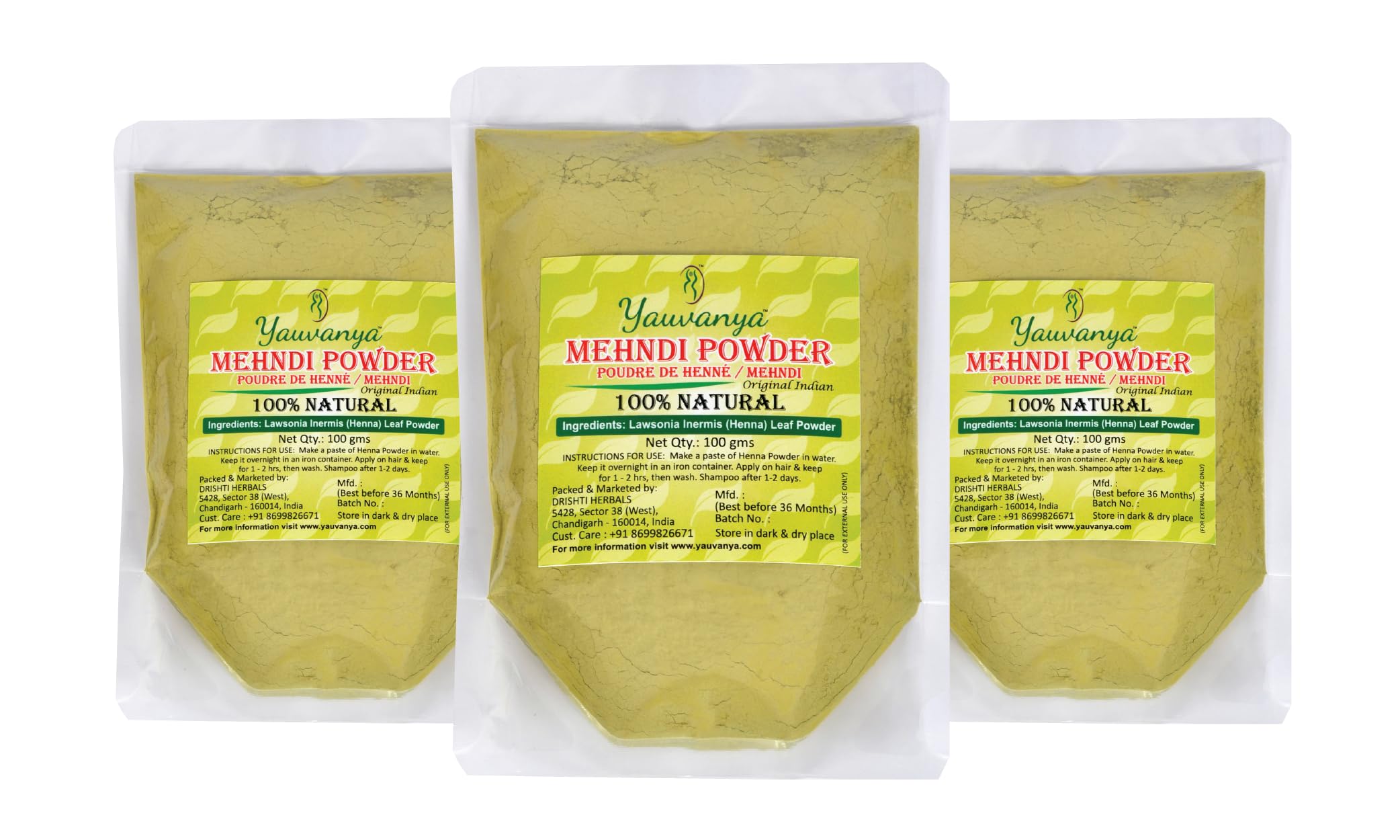 Yauvanya Original Indian Rajasthani Pure and Natural Henna (Mehndi) for Hair | Natural hair color | No chemicals - 3X100 gms