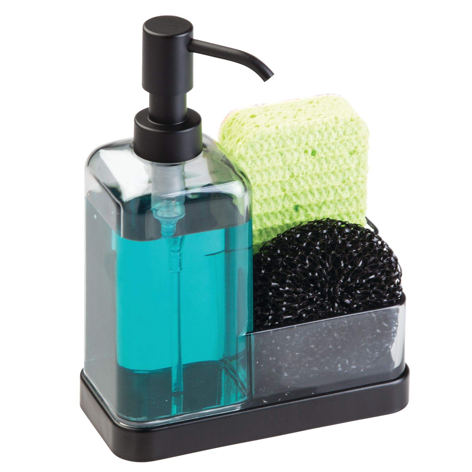 mDesign Modern Plastic Kitchen Sink Countertop Liquid Dish Soap Dispenser Pump Bottle Caddy with Storage Compartments - Holds and Stores Sponges, Scrubbers and Brushes - Graphite Gray/Matte Black