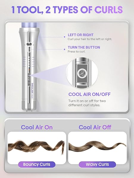 SHEGLAM ONE TOUCH AIRFLOW STYLER PRO 1 INCH AUTOMATIC ROTATING 3.0 COOL AIR TECHNOLOGY FOR NO-WAIT, CURLING IRON, BOUNCY & LONG-LASTING CURLS, ZERO BURN RISK, 5 TEMP SETTINGS