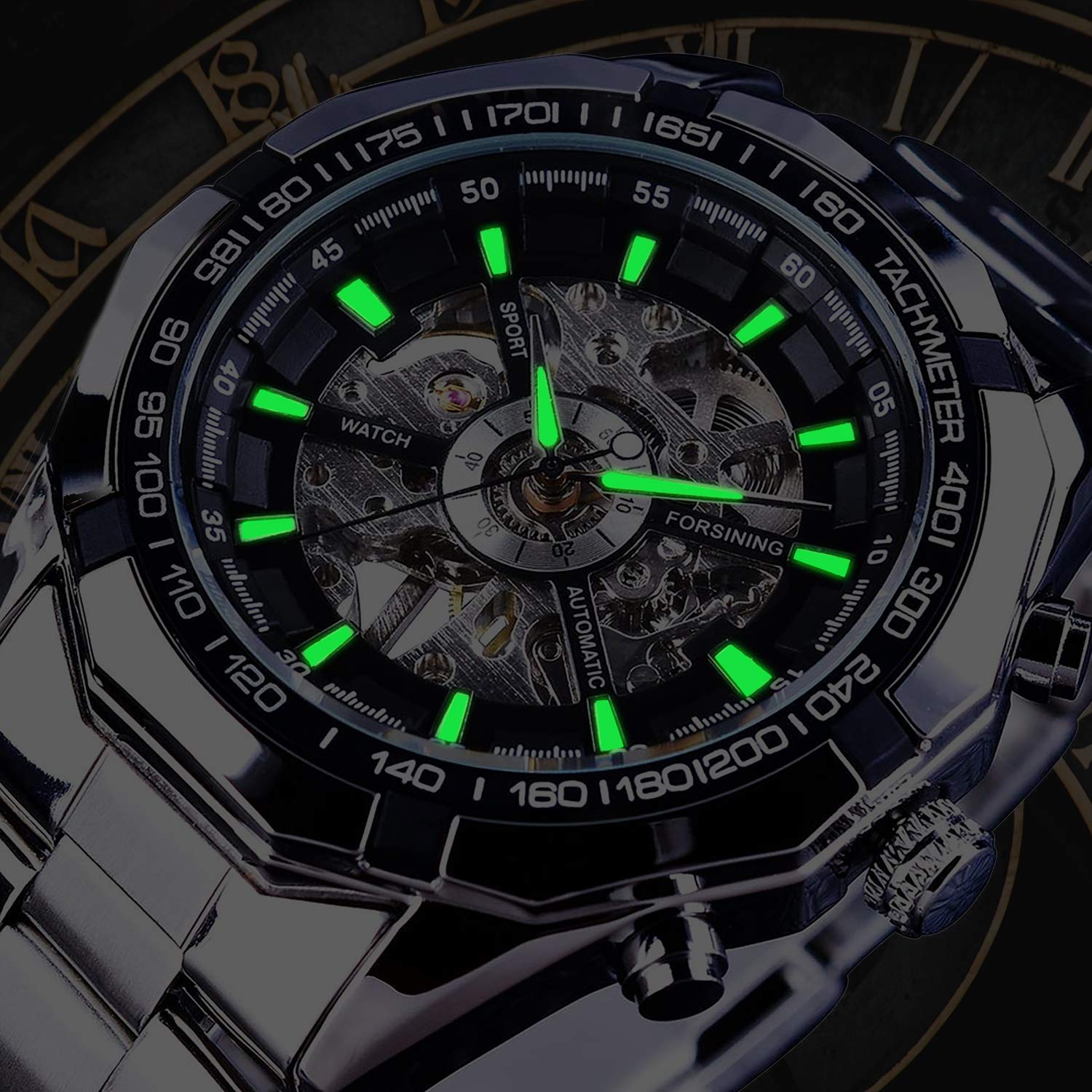 Gute Mens Watches, Mechanical Skeleton Stainless Steel Waterproof Automatic Self-Winding Watch for Men, Luxury X Dial Steampunk Wrist Watch