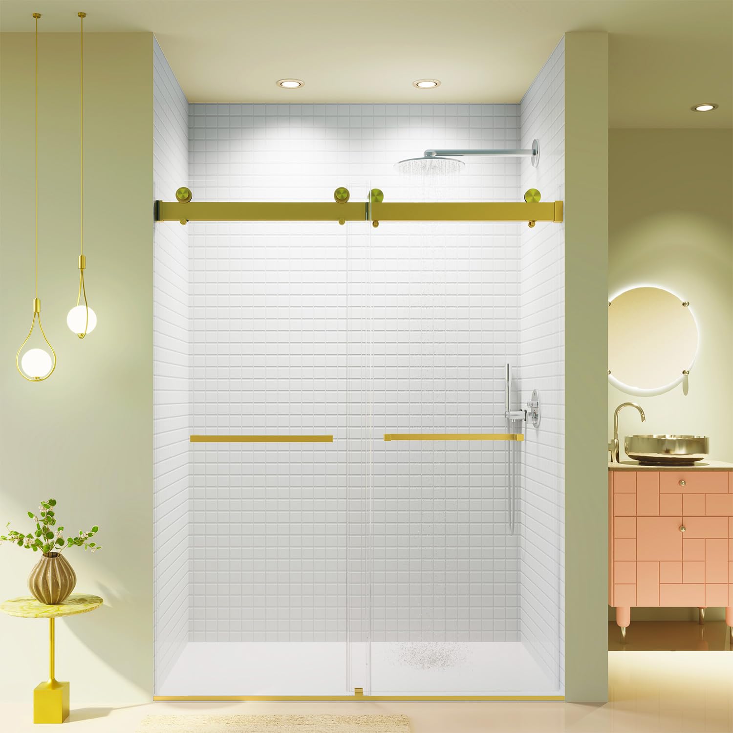 Photo 1 of Aidek Shower Door, 56-60" W x 76" H Semi Frameless Double Sliding Shower Door, Soft-Close, 3/8" (10mm) Thick SGCC Clear Tempered Glass Door, Brushed Gold