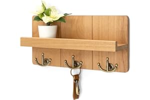 Rebee Vision Farmhouse Key Holder for Wall: Decorative Small Mail Organizer with Shelf and Rustic Mail Holder with 3 Anchor Key Hooks - Retro Home Decor Wall Mount for Entryway, Hallway (Light Brown)