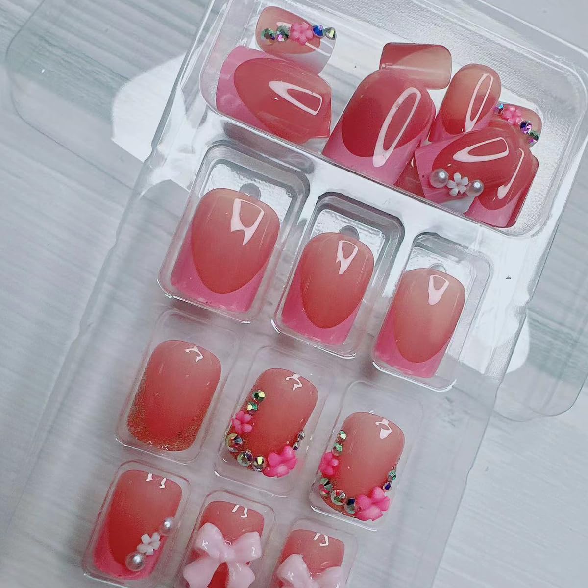 24pcs French Tip Press-On Nails - Short, Charms, Bow, Flower Design, Pink, Cute, Square Shape, Acrylic, Rhinestones - Image 7