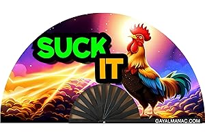 PandaTak Gay Pride Folding Hand Fans, Funny Large 13" Bamboo Fan with UV Reactive Ink, for LGBTQ Circuit Parties EDM Festivals and Raves (Suck It)