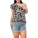 Floerns Women's Plus Size Leopard Print One Shoulder Ruffle Cap Sleeve Blouse Top