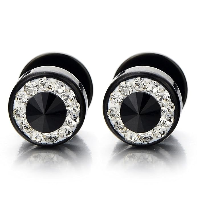 8-10MM Schwarz Herren Damen Ohrringe Zirkonia Edelstahl Ohrstecker Fakeplugs Fake Plug Tunnel Ohr-Piercing, 2 stück