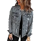 Necooer Women's Jean Jacket Distressed Washed Button Up Boyfriend Denim Jacket Coat With Pockets