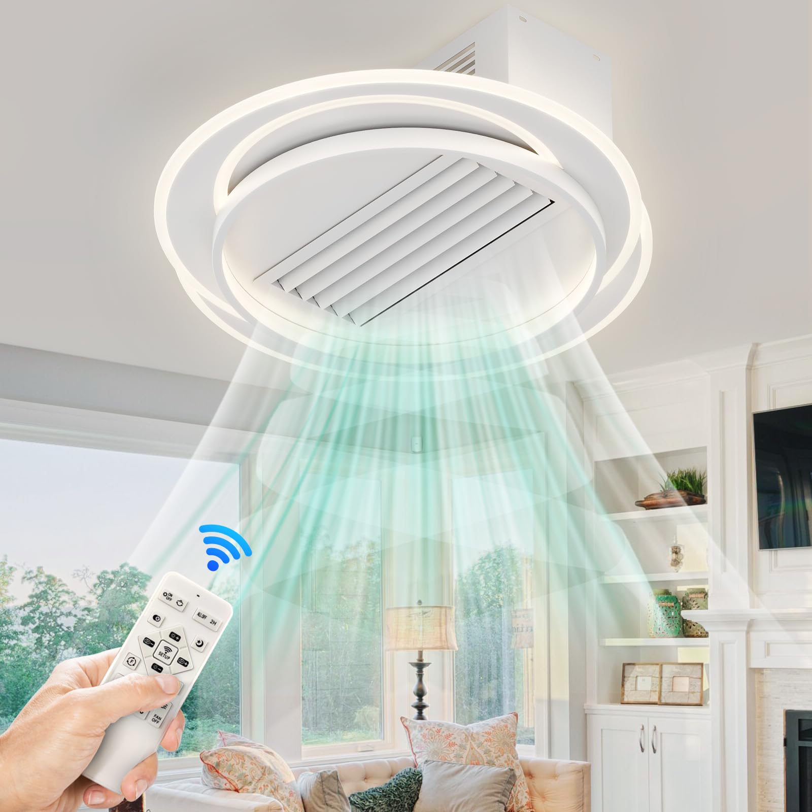 Photo 1 of OLUZO 21.6 Inch Modern Bladeless Ceiling Fan with Light and Remote & APP Control,6-Speed Wind Lighting Ceiling Fan,85w Free Dimmable Ceiling Lamp,Low Profile Bedroom Ceiling Light with Fan