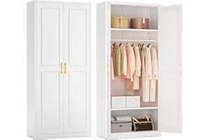 Polup Metal Armoire Wardrobe Closet with Doors and Shelves, 71" Tall Freestanding Wardrobe Cabinet for Hanging Clothes, Large Closet with Hanging Rod for Bedroom, White, Assemble Required