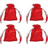 MECCANIXITY Satin Bags with Drawstring, 3x4 Inch Wedding Favor Bag Mini Gift Packaging Bag for Birthday Christmas Jewelry Party (Red, Pack of 4)
