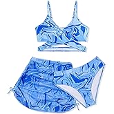 Girls Swimsuits 3 Piece Bathing Suit Allover Printed Criss Cross Bikini Set with Cover Up Skirt Beach Swimwear 7-16 Years