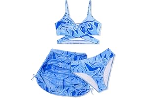 AGAPENG Girls Swimsuits 3 Piece Bathing Suit Allover Printed Criss Cross Bikini Set with Cover Up Skirt Beach Swimwear 7-16 Years