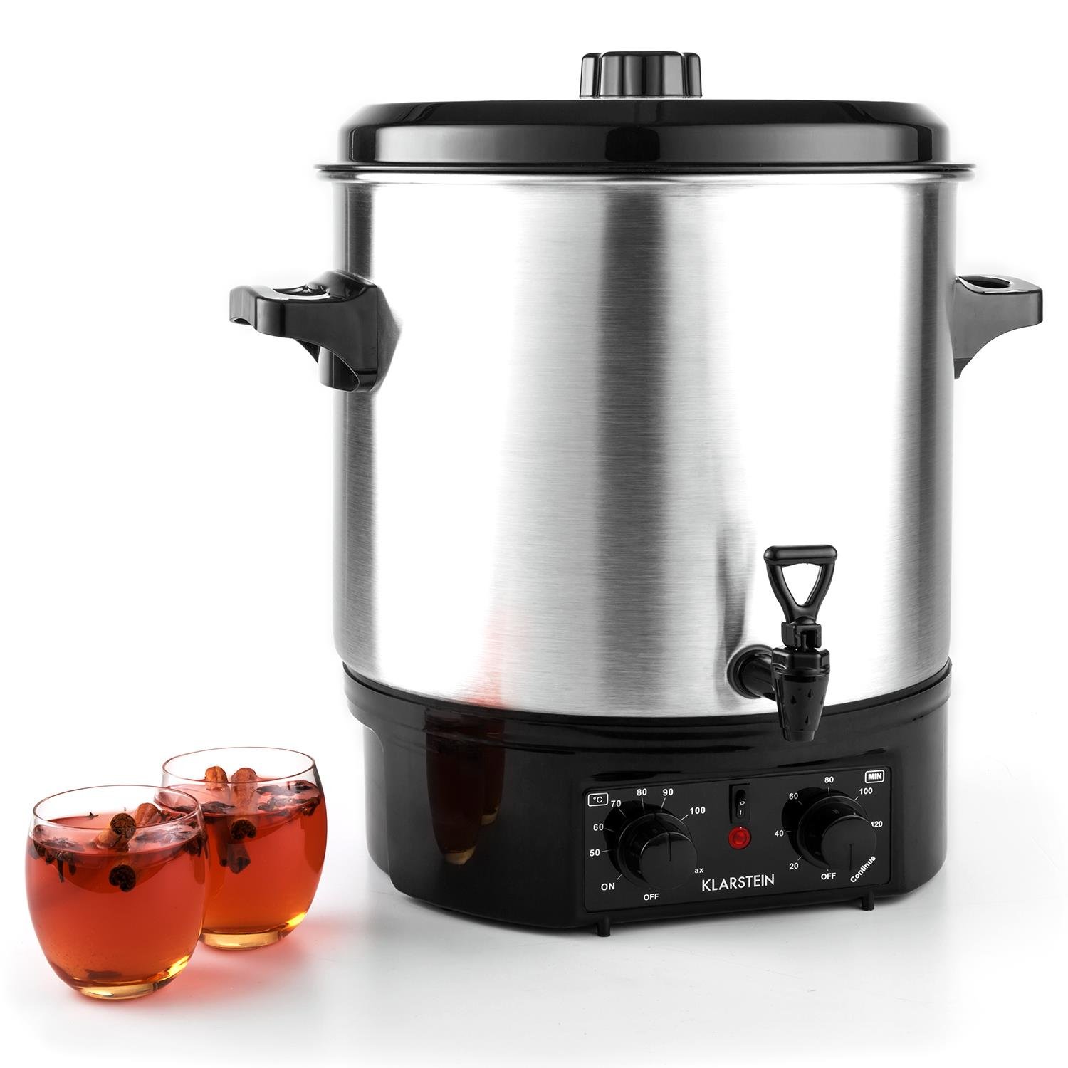 Klarstein Biggie • apparecchio infusore • pentola da sciroppo • pentola da conserva • apparecchio per il vin brulé • elettrico • Capacità: 27 l • 2000 w • manici termicamente isolati • argento Prezzi offerta