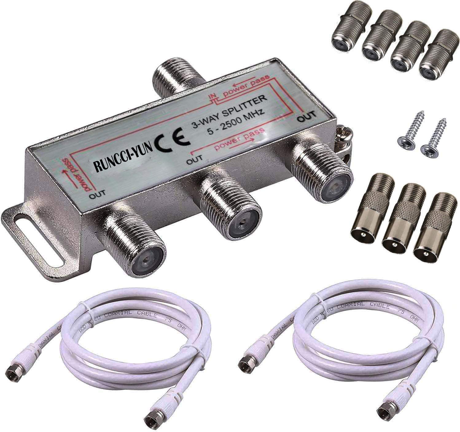 RUNCCI-YUN TV Aerial 3 Way Satellite F Type Splitter 5-2500MHz with 2 * 1.5m Coax Cable 3 x F plug + 4 x F socket