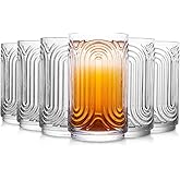 INSETLAN Set of 6 Vintage Glassware - 14 oz Water Drinking Glasses, Art Deco Ripple Glass Cup, Cocktail Glasses, for Bar Beverages Ice Coffee Juice, Housewarming Presents, New House Essentials