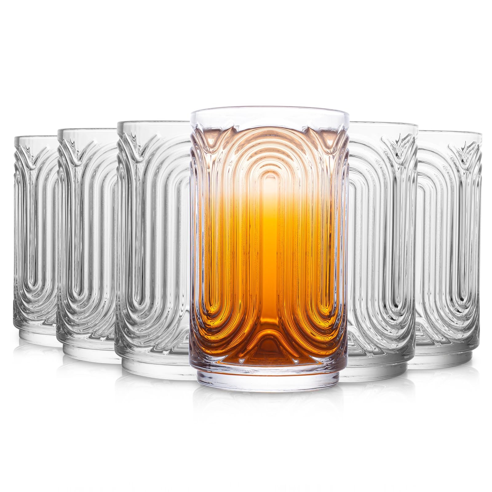 INSETLAN Set of 6 Vintage Glassware - 415ml(14 oz) Ripple Drinking Glasses, Art Deco Glassware Highball Glass Cup, Classic Thick Bottom Cocktail Glasses, for Bar Beverages Ice Coffee Water Juice