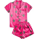 Remidoo Women's Cactus Pajamas Short Sleeve 2 Piece Silk Pjs Shorts Set | Short Sleeves, Silk Fabric, Contrast Piping, Chest Pocket, Elastic Waistband, Resort Mornings, Slumber Parties, Loungewear