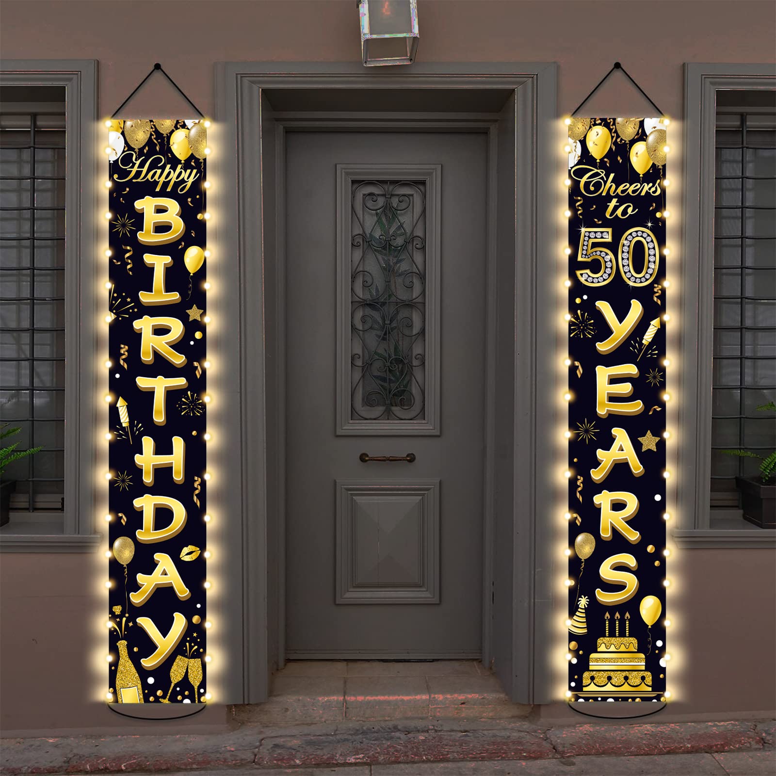 Photo 1 of 50th Birthday Party Banner Lighted Decorations for Women Men 50 Year Old Lighted Door Banners Black Gold Cheers to 50 Years Birthday Party Supplies Porch Sign with LED Light for Outside Light Decor