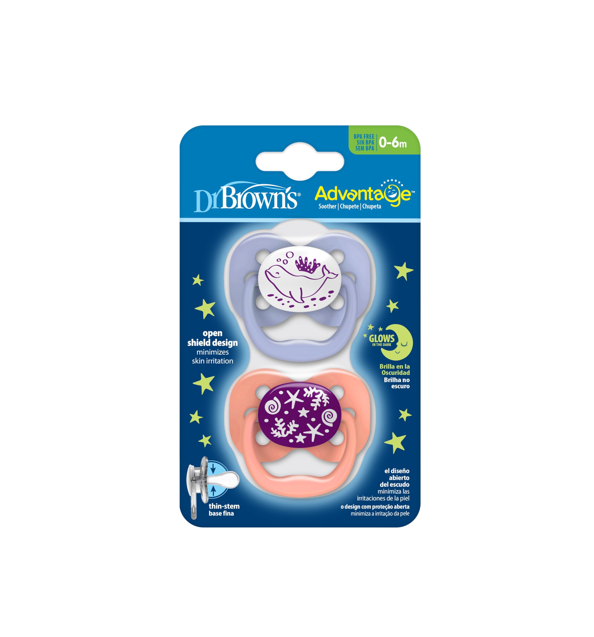Dr. Brown's Natural Flow Advantage Glow in the Dark Soother - Pink, Stage 1 (0-6 months) 2 pack