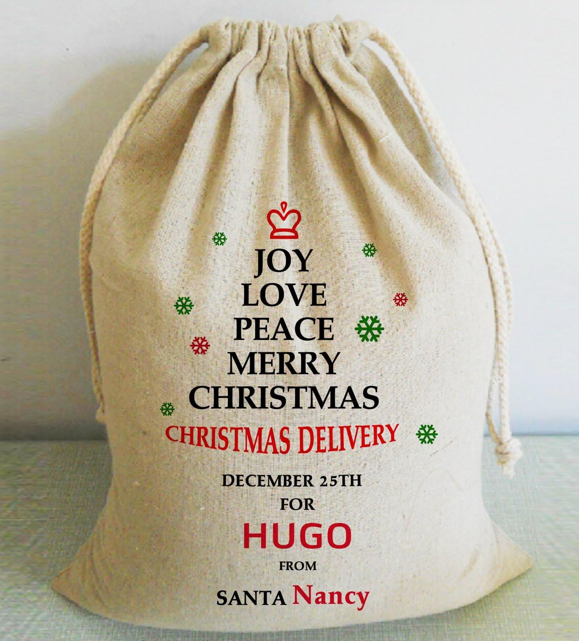 Joy Love Peace Believe Christmas Sacks Personalised Extra Large Burlap Drawstring Santa Bag Stockings 50 x 75 cm