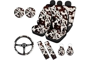 Wanyint Cows-Brown Print Car Seat Cover Full Set for Women Men,Universal fit Car Steering Wheel Cover Cup Coaster 2pcs Keychain and Seatbelt Pad Cover,Universal Fit Most Cars