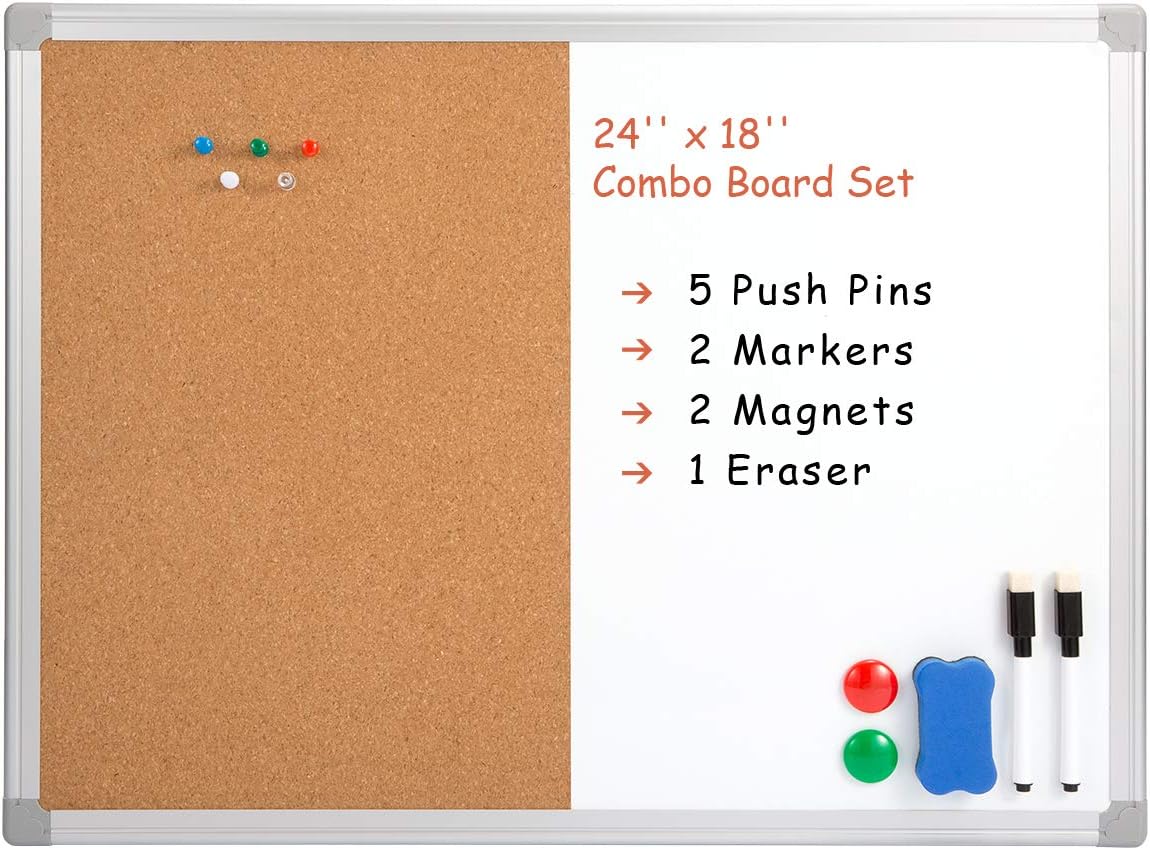 Marble Field 24" x 18" Dry Erase & Cork Board Combo, Combination Whiteboard & Corkboard Wall Mounted Notice Bulletin Board with Aluminum Frame